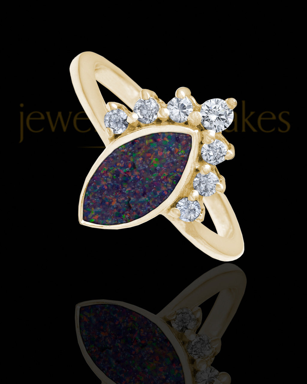 Solid 14K Gold Ladies Loyola Black Blaze Opal Ash Ring