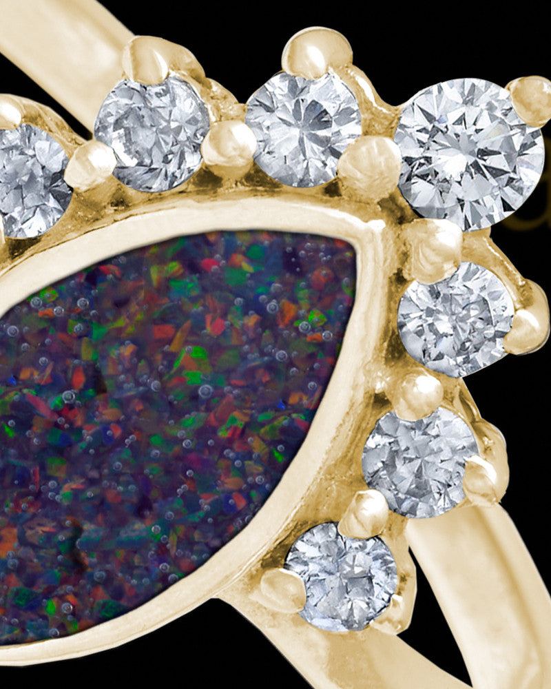 Solid 14K Gold Ladies Loyola Black Blaze Opal Ash Ring