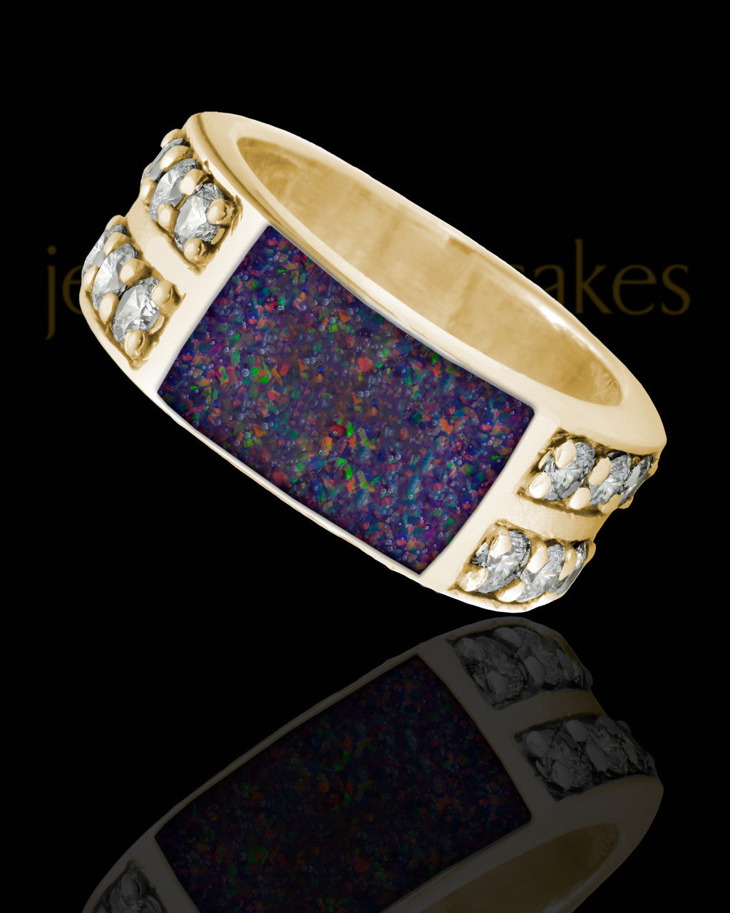 Solid 14K Gold Men's Lennox Black Blaze Opal Ash Ring