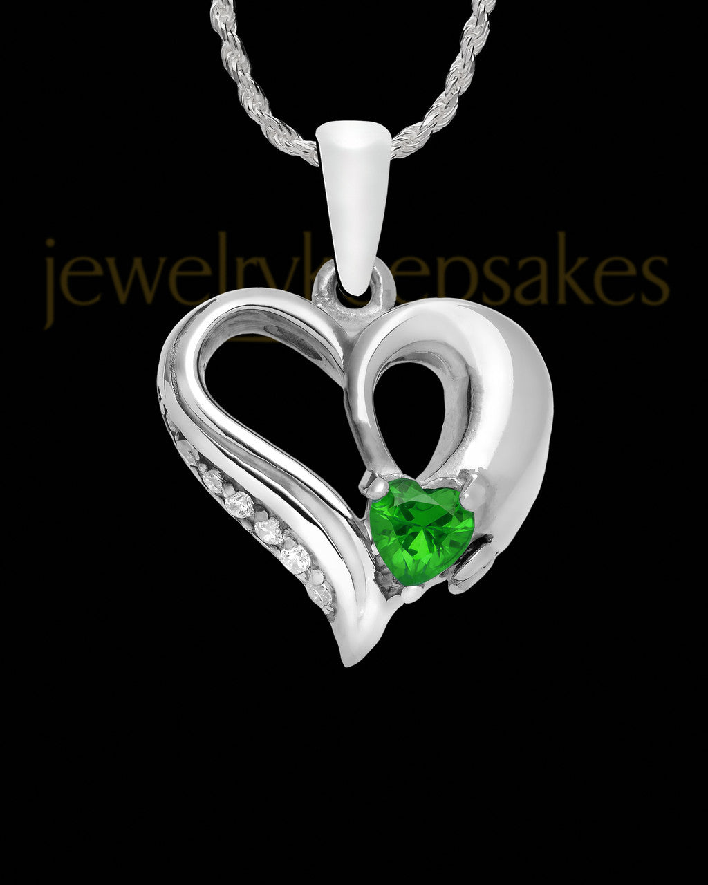 Contoured Sterling Silver Heart With Green Gem Charm For Ashes