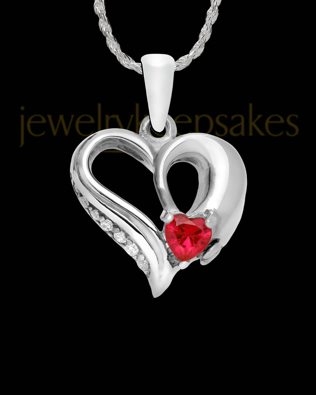 Contoured Sterling Silver Heart With Red Gem Charm For Ashes