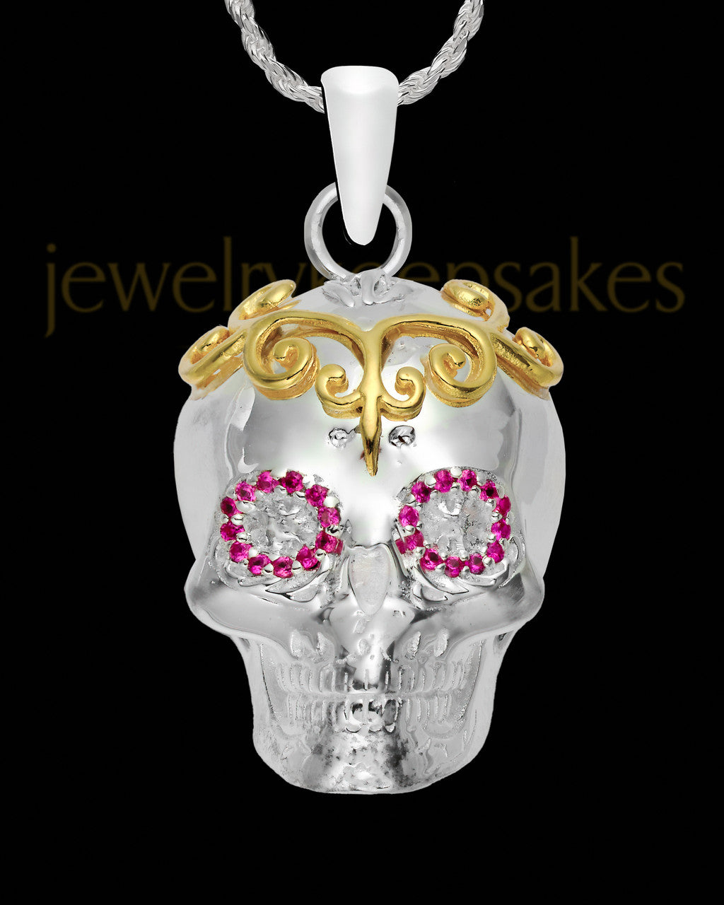 Sterling Silver Day Of The Dead with Pink Stones Cremation Necklace