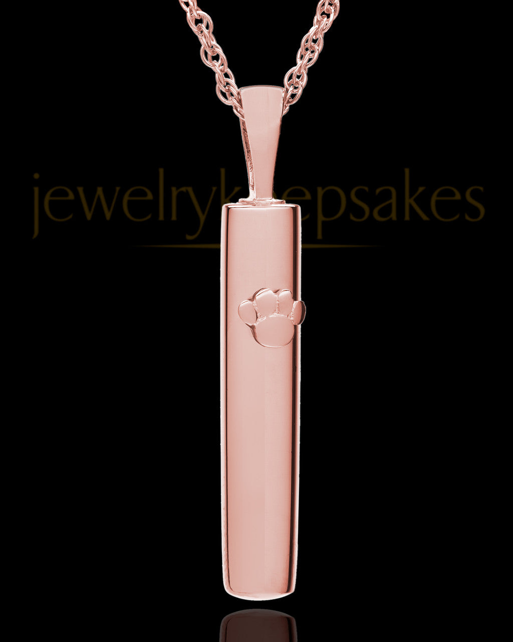 Pet Necklace Urn 14K Rose Gold Raised Paw Cylinder