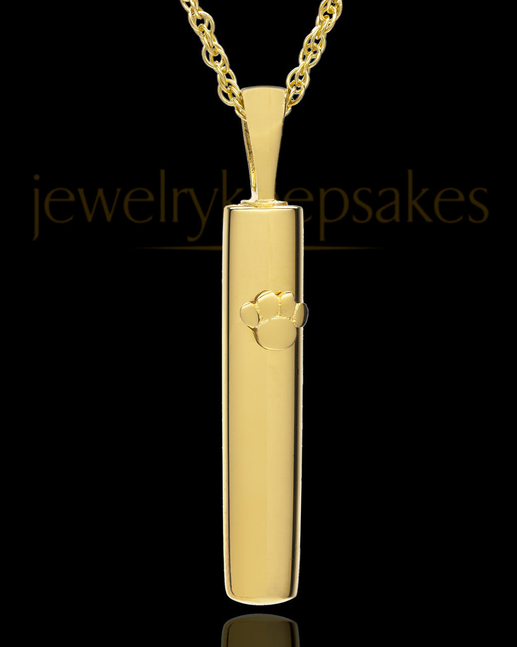 Pet Necklace Urn Gold Plated Raised Paw Cylinder-Engravable