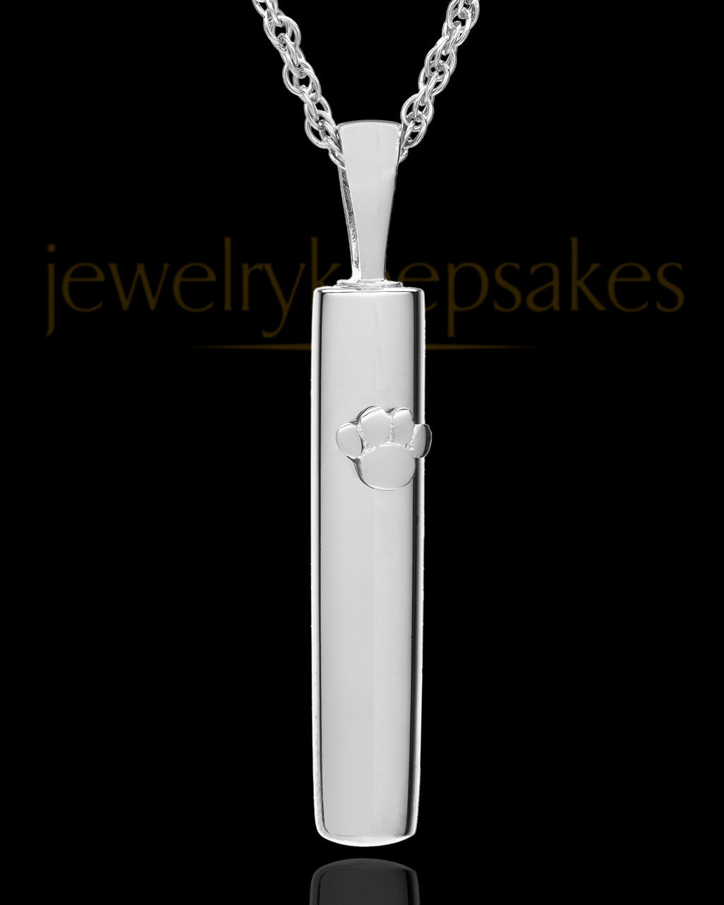 Pet Necklace Urn 14K White Gold Raised Paw Cylinder