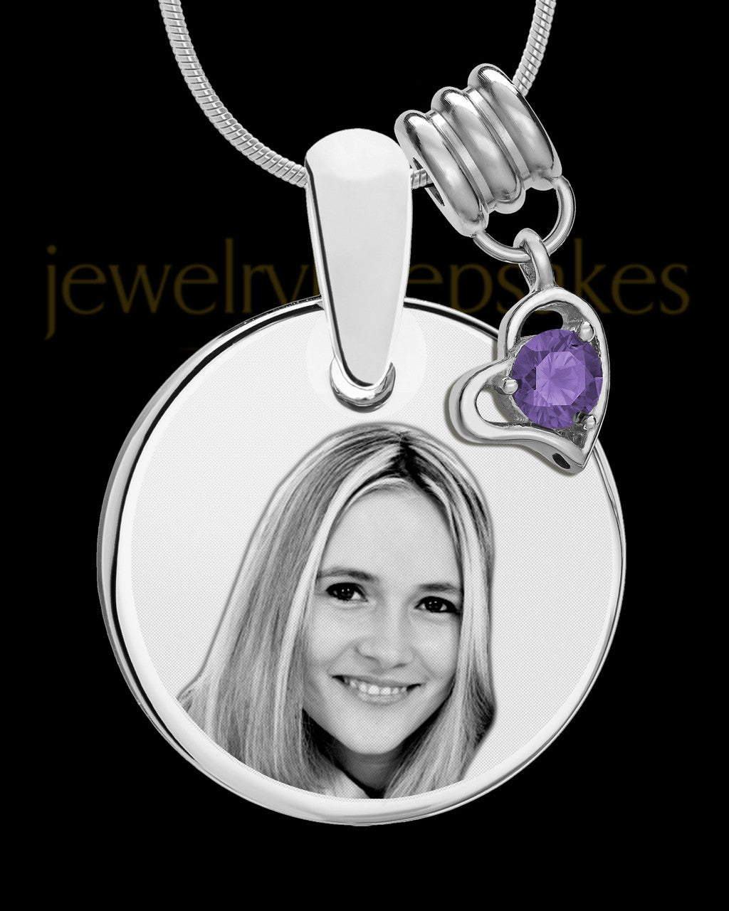 February Photo Engraved Round Pendant Stainless Steel