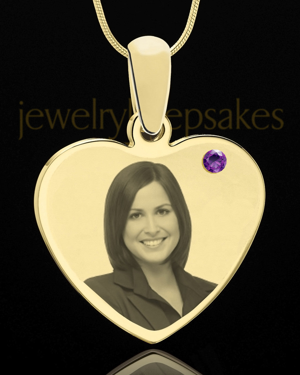 February Gold Heart Photo Engraved Pendant