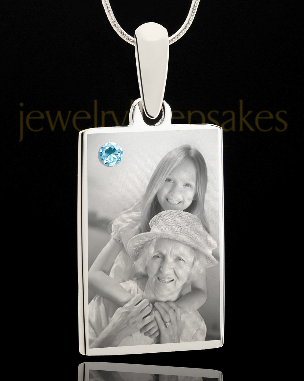 Photo Engraved March Birthstone Rectangle Pendant