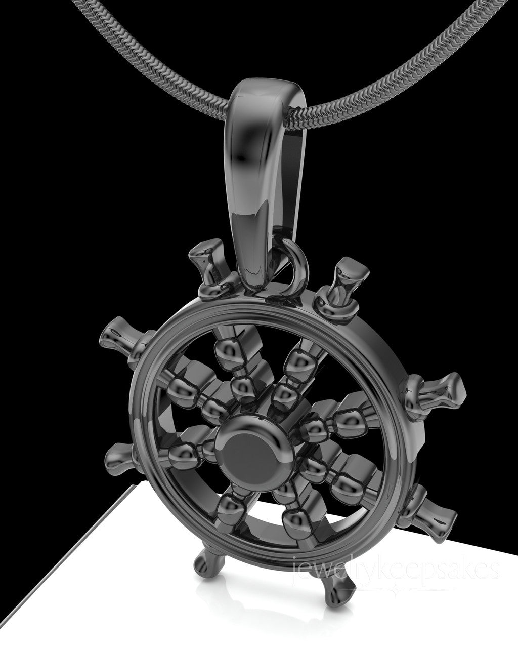 Black Plated Ships Wheel Permanently Sealed Waterproof Cremation Pendant