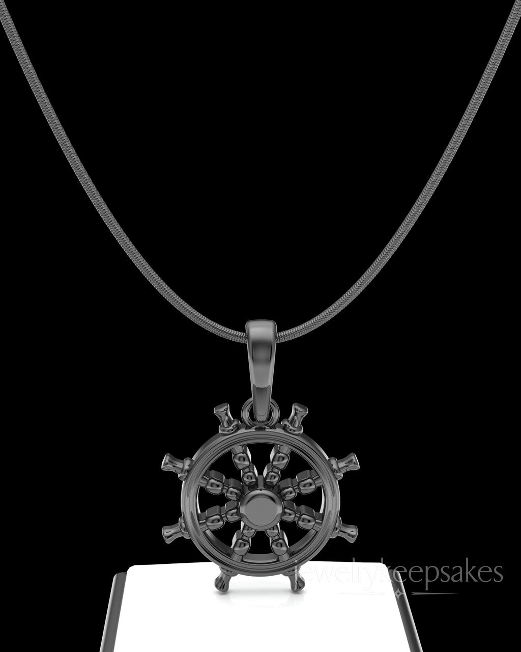 Black Plated Ships Wheel Permanently Sealed Waterproof Cremation Pendant