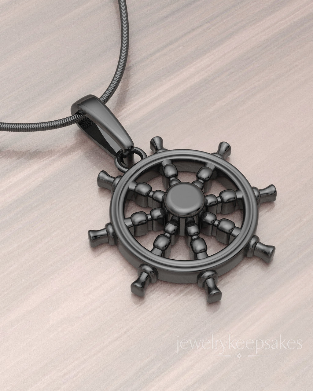 Black Plated Ships Wheel Permanently Sealed Waterproof Cremation Pendant