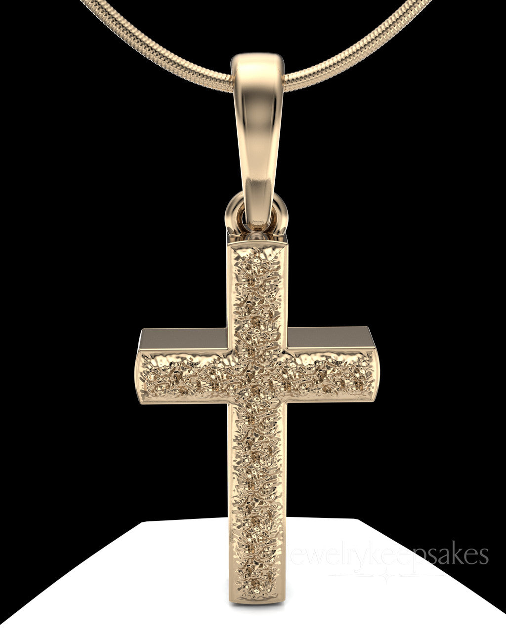 Solid 14k Gold Textured Cross Permanently Sealed Waterproof Cremation Pendant