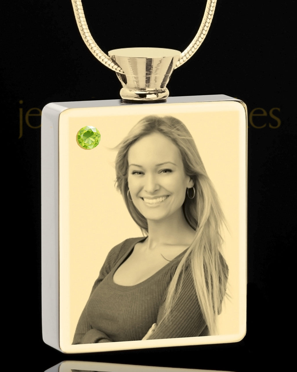 Photo Engraved August Gold Plated Rectangle Cremation Pendant