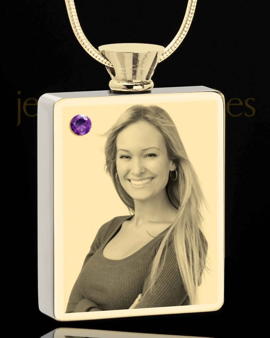 Photo Engraved February Gold Plated Rectangle Cremation Pendant