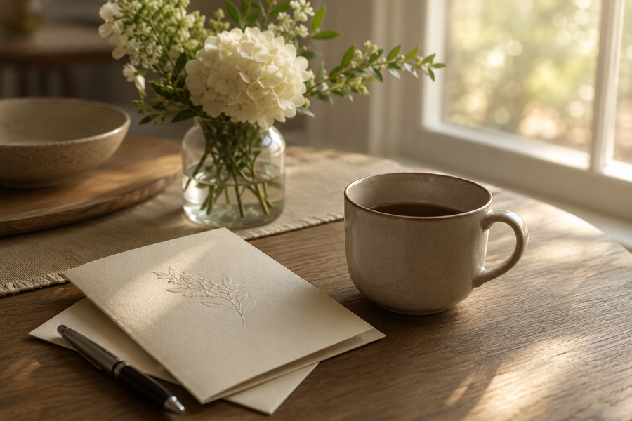 Handwritten sympathy card beside a cup of coffee and fresh flowers.