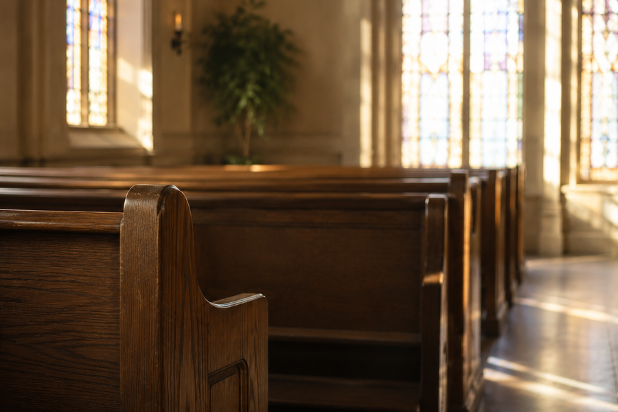 Sunlight filtering through stained glass into a quiet place of worship.