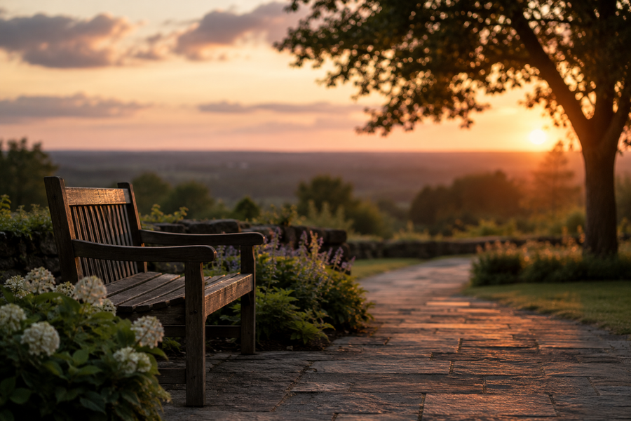 Peaceful garden path with a wooden bench overlooking the landscape at sunset, symbolizing quiet reflection and remembrance.
