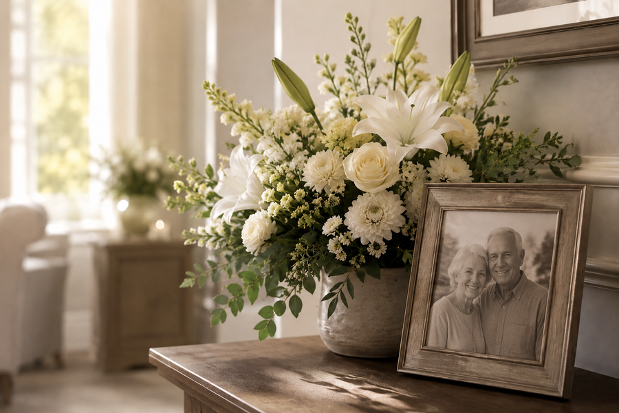 Sympathy flowers beside a framed family photograph in soft natural light.