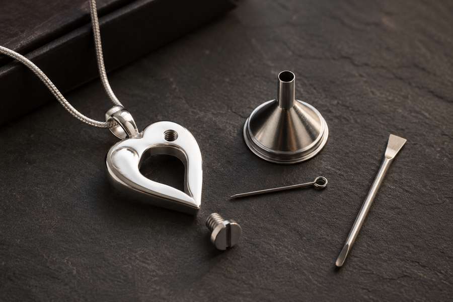 Open memorial pendant with threaded compartment beside a stainless steel filling kit on a slate surface