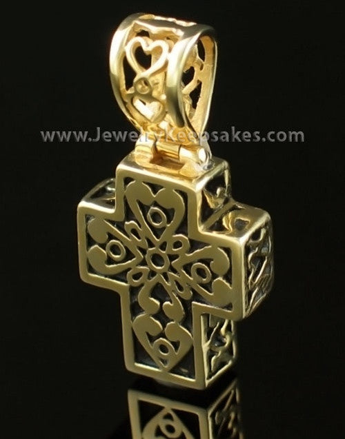 Cremation Pendant Filigree Cross - Gold Plated