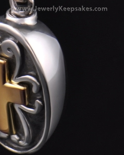 Cremains Locket Cross with Oval in Sterling Silver