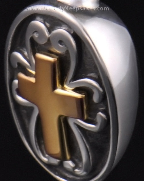 Cremains Locket Cross with Oval in Sterling Silver