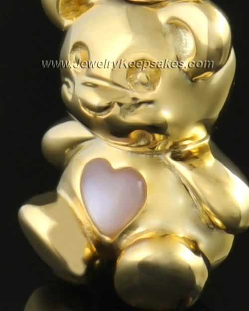 14k Gold Happy Bear with Pink Heart Cremation Pendant