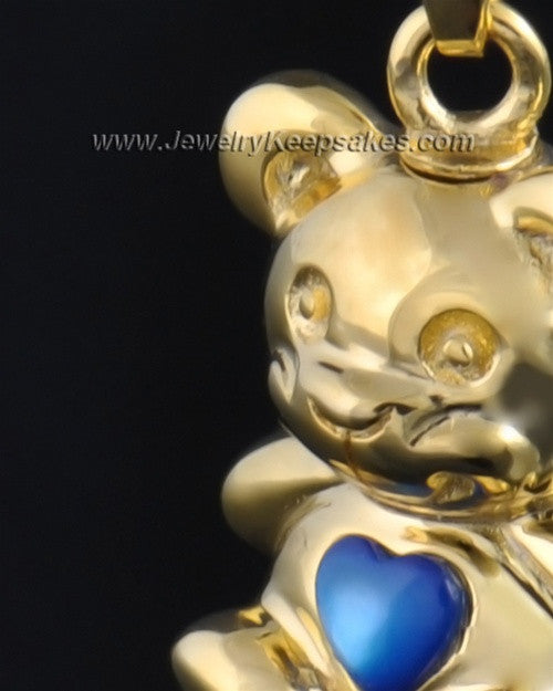 Gold Plated Happy Bear with Blue Heart Cremation Pendant