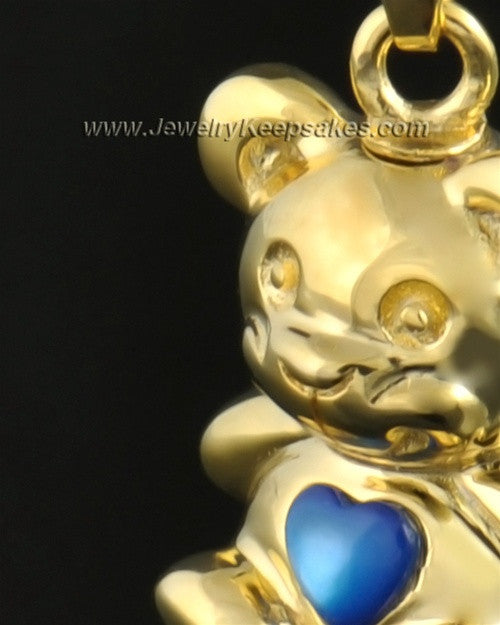14k Gold Happy Bear with Blue Heart Cremation Pendant