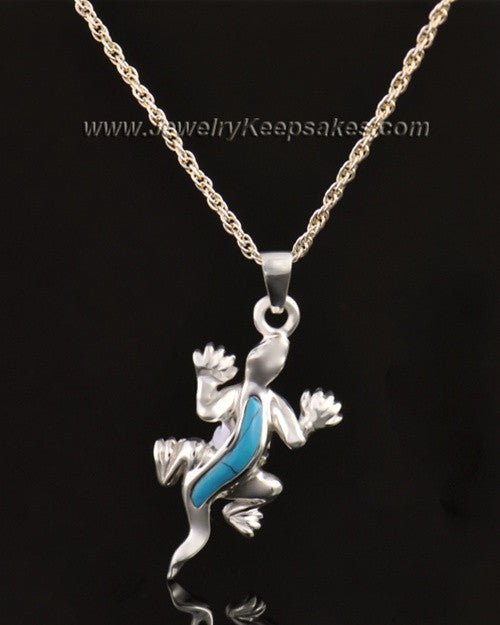 14k White Gold Gecko with Turquoise Urn Pendant