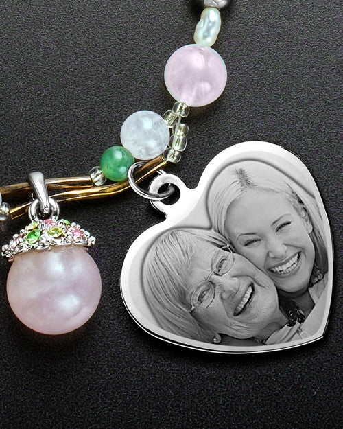 Poppy Green Pink Necklace Beads and Stainless Steel Picture Pendant