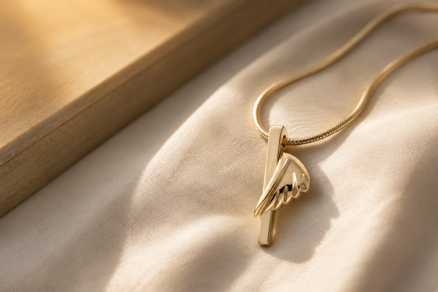 Gold memorial pendant resting on soft fabric in warm natural light